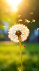 Delicate Dandelion with Flying Seeds in Sunlight, Symbol of Change and Hope, Ideal for Inspirational Content