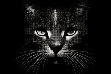 Black and white cat portrait in halftone dots texture. Generative AI