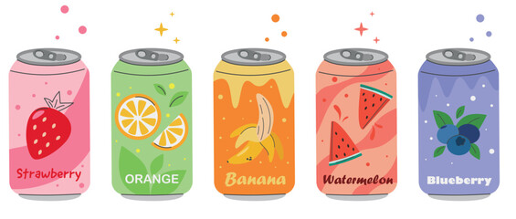 Vector set of various delicious carbonated drinks, flat soda isolated on white background