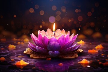 Purple Flower With Candle in the Center for Relaxation and Meditation, Happy Diwali festival of lights background with diya and flowers, AI Generated