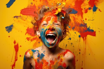 A young child smiling with a face covered in colorful paint, enjoying a messy creative activity, Happy laughing boy smeared in colourful paint, AI Generated