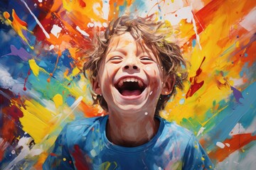 A painting capturing a young boys pure delight as he finds himself in a moment of uncontrollable laughter, Happy laughing boy smeared in colourful paint, AI Generated - obrazy, fototapety, plakaty