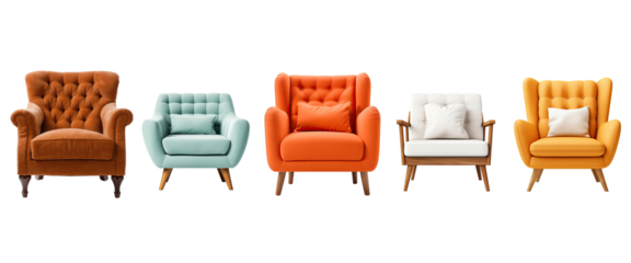 Armchair or sofa chair isolated on white transparent background, furniture for interior room, modern style.