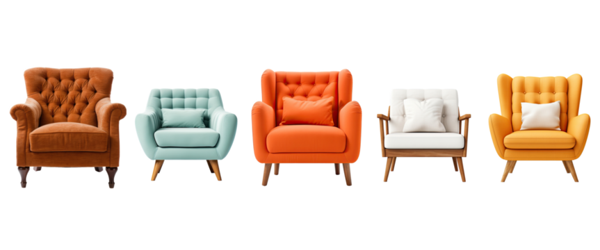 Armchair or sofa chair isolated on white transparent background, furniture for interior room, modern style.