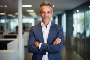 Fototapeta premium A confident businessman wearing a suit, standing with his arms crossed, exuding professionalism and authority, Happy middle aged business man ceo standing in office arms crossed, AI Generated