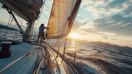 Beautiful inspiring shot of action adventure of sailor or captain on yacht or sailboat attaching big mainsail or spinnaker with ropes on deck of epic boat, sunny summer adventure lifestyle    - obrazy, fototapety, plakaty