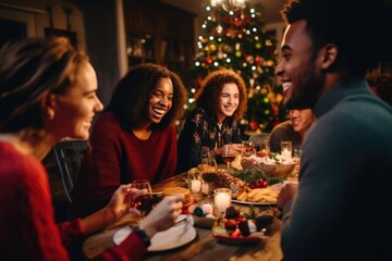 A diverse group of individuals gathered around a table, engaged in conversation over a meal, happy multi-ethnic friends having christmas dinner at home, AI Generated