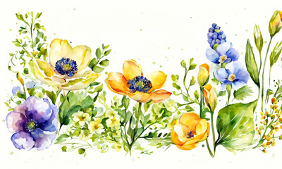 Obraz na płótnie Canvas his is a beautiful watercolor painting of various types of flowers and leaves. The flowers are vibrant and detailed, showcasing different stages of bloom amidst lush greenery.