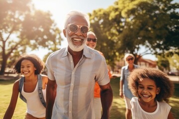 A diverse group of individuals leisurely strolling through a well-maintained and green park, Happy multigenerational people having fun sitting on grass in a public park, AI Generated