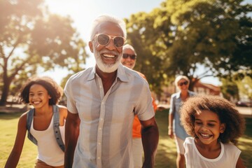 A diverse group of individuals leisurely strolling through a well-maintained and green park, Happy multigenerational people having fun sitting on grass in a public park, AI Generated - Powered by Adobe