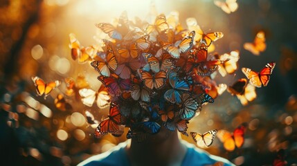 Photo of a Person with a Head Full of Colorful Butterflies, in a dreamy, sunlit garden setting - obrazy, fototapety, plakaty