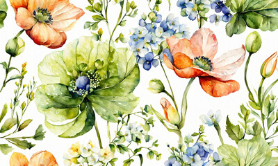 his is a beautiful watercolor painting of various types of flowers and leaves. The flowers are vibrant and detailed, showcasing different stages of bloom amidst lush greenery.