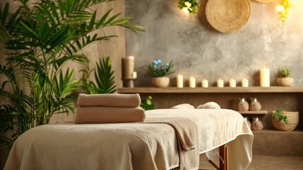 Beautiful spa composition on massage table in wellness center   