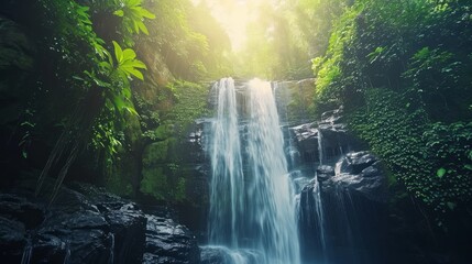 Beautiful waterfall at the mountain. Waterfall in tropical green tree forest. Waterfall is flowing in jungle. Nature abstract background. Granite rock mountain.   