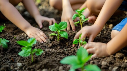 Children's hands planting sapling on soil as the world's concept of rescue   