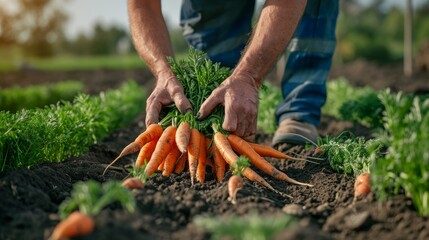 Close Up on a Mature Male Farmer's Hands Harvesting Quality Fresh Carrots Removed From Fertilized Soil in Ecological Farming Field. Bio Agriculture and Eco-friendly Farming Cultivation Concept   