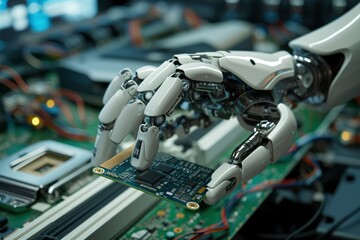a modern high-tech robot arm delicately holds a contemporary supercomputer processor. 