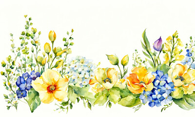 his is a beautiful watercolor painting of various types of flowers and leaves. The flowers are vibrant and detailed, showcasing different stages of bloom amidst lush greenery.