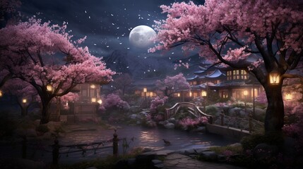 A peaceful nighttime view of a cherry blossom garden with softly illuminated blooms under the moonlight, capturing the serene and delicate beauty of a nighttime floral haven - Generative AI