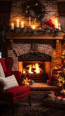 a fireplace with a red chair and a red chair with a red chair and a red chair with a red pillow and a red chair with a red pillow on it