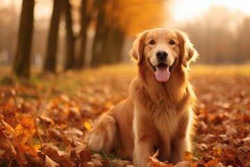 A happy golden retriever enjoys a restful moment in a picturesque field covered with colorful autumn leaves, Happy golden retriever dog on Autumn nature background, AI Generated