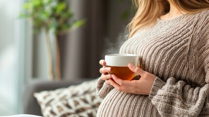 Closeup Of Pregnant Woman With Cup Drinking Tea In The Morning   