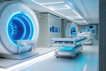 A hospital room equipped with beds and lights to provide care for patients, High-tech modern CT scan room in the modern hospital, AI Generated