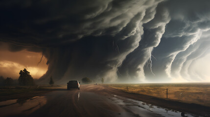 a car on a road with a tornado and lightning - obrazy, fototapety, plakaty