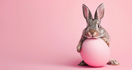 conejo posando sujetando con sus patas delanteras un huevo de pascua rosa, con fondo rosa - obrazy, fototapety, plakaty
