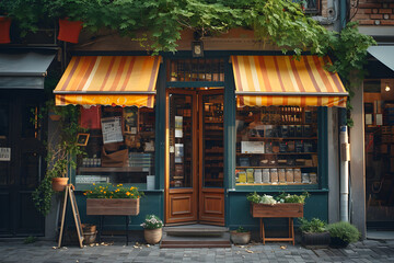 A typical European store facade with old village boutique awnings and vintage commercial buildings in warm tones. - obrazy, fototapety, plakaty
