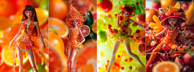 Beautiful girl doll in a costume with a fruit jam theme. Full-length image with a dynamic pose and clear contours. Rich textures, including degradation for a realistic look Suitable for screen display