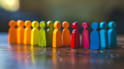 Small wooden figurines in different colors on a table to simulate a crowd of people - obrazy, fototapety, plakaty