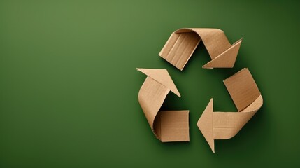 Recycle symbol made of cardboard on a green background with free place for text. Eco concept of reduce, reuse, recycling, save the planet, environmental preservation