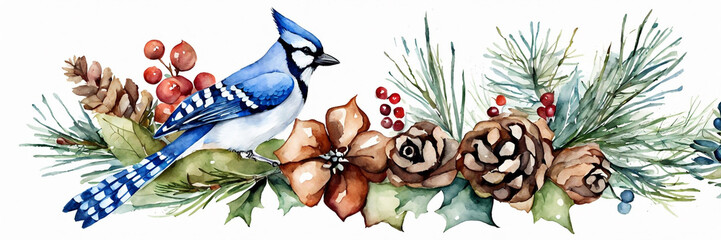 The central focus is a detailed and colorful blue jay with distinct feather patterns, showcasing shades of blue, white, and black.