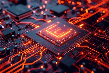 a motherboard CPU processor microchip initiates the digitalization of data, Dynamic digital lines converge into the AI symbol. 