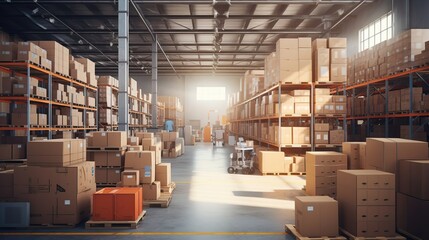 retail warehouse. the goods distribution center, lined with shelves with goods in cardboard boxes, racks with boxes in the warehouse