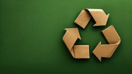 Recycle symbol made of cardboard on a green background with free place for text. Eco concept of reduce, reuse, recycling, save the planet, environmental preservation