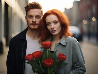 portrait of a beautiful attractive fashionable red-haired European couple holding flowers in the city. Photography taken with organic simplicity