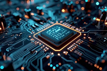 Obraz premium a motherboard CPU processor microchip initiates the digitalization of data, Dynamic digital lines converge into the AI symbol. 
