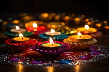 Obraz na płótnie Canvas A collection of lit candles illuminating a table, creating a warm and elegant ambiance, Indian festival Diwali, oil lamps lit on colorful rangoli, Hindu tradition, AI Generated
