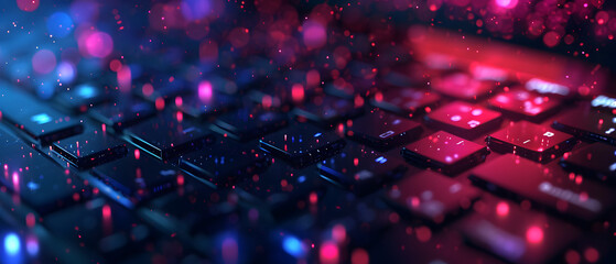 A vibrant burst of magenta light illuminates the indoor keyboard, adding a colorful touch to the otherwise monochrome scene - obrazy, fototapety, plakaty