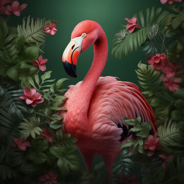 Ein rosa Flamingo mit gr&uuml;nen Pflanzen im Hintergrund