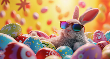 conejo con gafas tumbado sobre huevos de pascua decorados, sobre fondo amarillo desenfocado con...