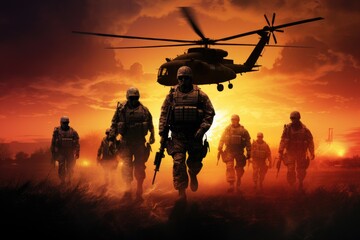 A group of soldiers in full military gear walking towards a helicopter on a tarmac ready for deployment, Infantry soldiers and helicopters on a sunset background, anonymous faces, AI Generated - obrazy, fototapety, plakaty