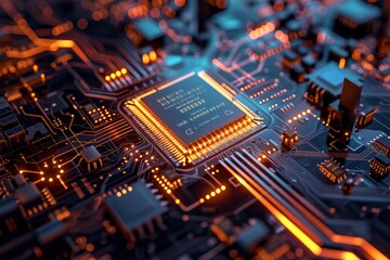 Fototapeta premium a motherboard CPU processor microchip initiates the digitalization of data, Dynamic digital lines converge into the AI symbol. 