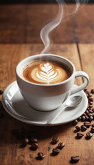 Fototapeta premium Cup of coffee on a wooden table generated by AI