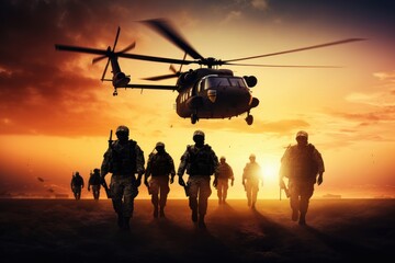 Fototapeta na wymiar A helicopter hovers in the sky as it surveils a group of soldiers engaged in military operations on the ground, Infantry soldiers and helicopters on a sunset background, anonymous faces, AI Generated