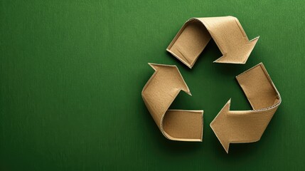Recycle symbol made of cardboard on a green background with free place for text. Eco concept of reduce, reuse, recycling, save the planet, environmental preservation