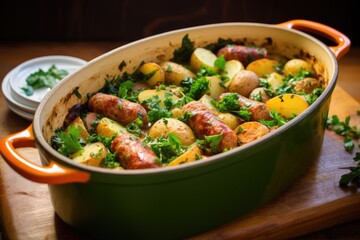 A delicious and nutritious casserole dish filled with a medley of potatoes and fresh vegetables, Irish Coddle with sausage potatoes and parsley, AI Generated