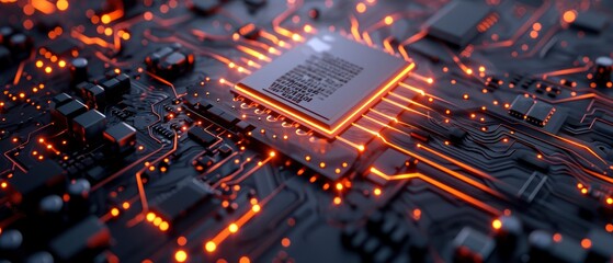 a motherboard CPU processor microchip initiates the digitalization of data, Dynamic digital lines converge into the AI symbol.  - obrazy, fototapety, plakaty